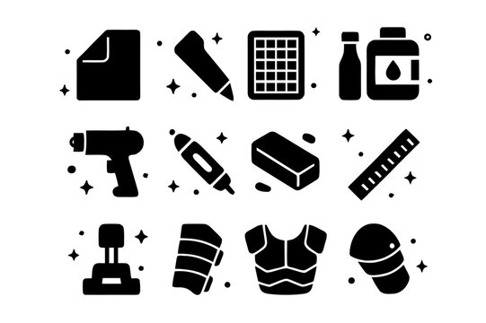 EVA Foam Armor Tools. EVA foam armor building. Solid icons set of EVA foam armor building: EVA foam sheet, craft knife, cutting mat, contact cement, heat gun,