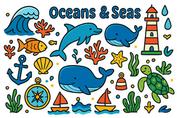 Naklejka premium Oceanic Doodle Adventure. Oceans & Seas. Colorful Hand-drawn doodle Children illustration Oceans & Seas wave, coral, fish, dolphin, whale,
