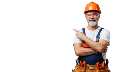 Experienced Construction Worker with Tool Belt and Hard Hat Pointing to the Side Isolated on Transparent Background