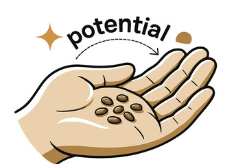 Fototapeta premium Seeds of Potential. Seeds ? In the Palm. Close-up of fingers holding small seeds under soft light; caption ?potential? whispers along a curved line. Minimal