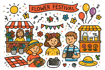 Colorful Flower Festival. Visiting a flower festival. Colorful Hand-drawn doodle Children illustration Visiting a flower festival flower stalls, colorful