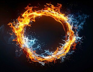 暗い背景に浮かぶ炎と水の輪と風
