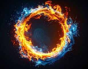 暗い背景に浮かぶ炎と水の輪と風
