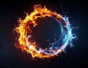 暗い背景に浮かぶ炎と水の輪と風

