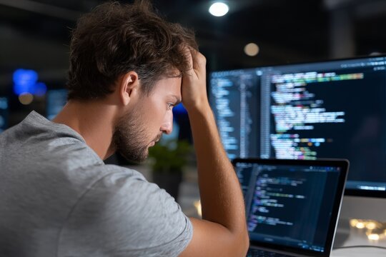 Frustrated man holds head, working late night on computers displaying software code
