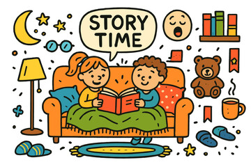 Fototapeta premium Cozy Storytime Scene. Storytime on the sofa. Colorful Hand-drawn doodle Children illustration Storytime on the sofa open book, blanket, pillows, lamp, glasses,