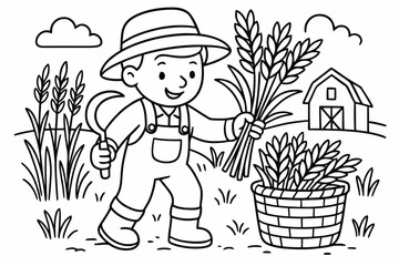 Farmer Coloring Page. Farming children?s coloring book illustration, outlined drawing, a farmer harvesting crops, educational design for kids, clear bold