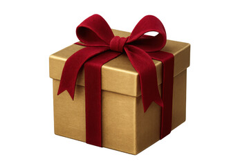 Obraz premium Gold gift box with red ribbon and bow, symbolizing celebration, holiday, and surprise, on transparent background