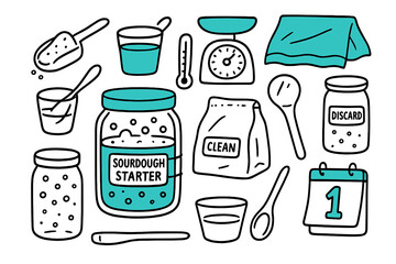 Sourdough Starter Essentials. // Sourdough starter. Hand-drawn doodle illustration Sourdough starter [glass jar (accented), rubber band, starter bubbles