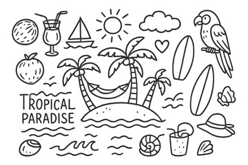 Fototapeta premium Tropical Paradise Doodle. Tropical paradise. Hand-drawn doodle illustration tropical paradise palm tree, coconut, hammock, sun, waves, island, sailboat, drink,