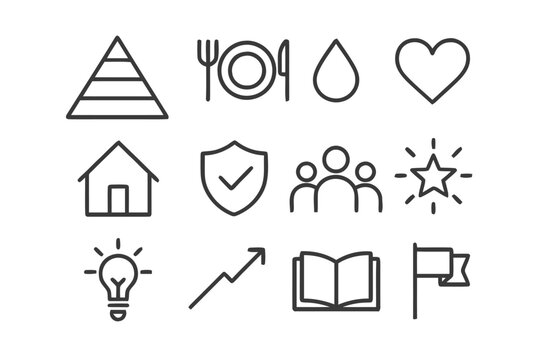 Maslow's Icon Set. Maslow?s hierarchy of needs. Line icon set of maslow?s hierarchy of needs: pyramid, food plate, water droplet, heart, home, safety shield,