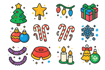 Fototapeta premium Festive Icon Collection. Holiday season. Colorful isometric vector icons set of holiday season: Christmas tree, star topper, lights, baubles, candy canes,