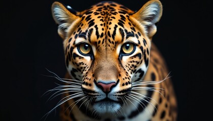 Fototapeta premium Majestic Amur leopard close-up portrait isolated on black. Big cat looks intensely with piercing yellow eyes. Wild predator animal beautiful spotted fur patterns. Focused gaze of endangered species,