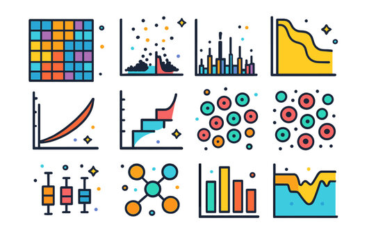 Colorful Biology Charts. Biology data charts. Colorful isometric vector icons set of Biology data charts: gene expression heatmap, volcano plot, Manhattan