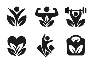 Wellness Icons Grid. Health and Fitness Challenges. Set Logo of Wellness Program Icon: Filled silhouette, Abstract geometric, Negative space, Symmetrical form,