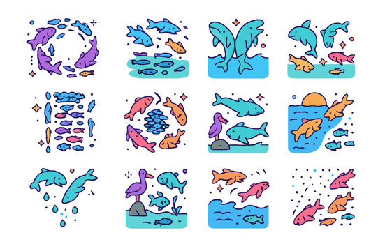 School Feeding Strategies. Feeding strategies in schools. Colorful isometric vector icons set of Feeding strategies in schools: corralling baitfish, surface