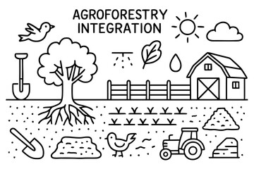 Fototapeta premium Agroforestry Doodle Illustration. Agroforestry integration. Hand-drawn doodle illustration Agroforestry integration tree, crop rows, roots, birds, sun, soil