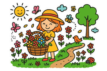 Fototapeta premium Colorful Flower Basket Scene. flower basket. Colorful Hand-drawn doodle Children illustration flower basket girl, basket, flowers, grass, sun, butterfly, tree,