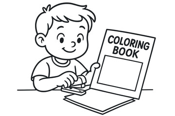 Kids' DIY Book Cover. Make your own book children?s coloring book illustration, outlined drawing, a child stapling simple pages together with a title box and