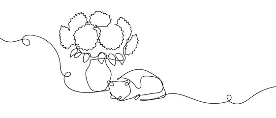 Cat sleeping next to a vase of flowers, one continuous line hand drawn doodle. One line design modern illustration Editable stroke.