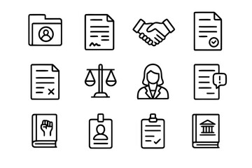 Employment Law Icons. Employment Law. Line icon set of Employment Law: employee file, contract document, handshake, job offer paper, termination notice,
