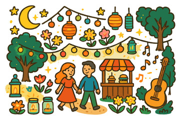 Naklejka premium Magical Garden Evening. Evening garden lights. Colorful Hand-drawn doodle Children illustration Evening garden lights fairy lights, lanterns, flowers glowing,