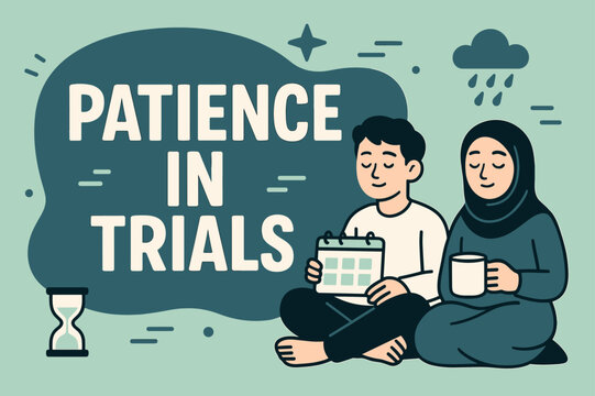 Sabr Banner Design. Patience in Trials (Sabr) banner, flat vector illustration, bold oversized text inside rounded blob, cartoon characters sitting calmly