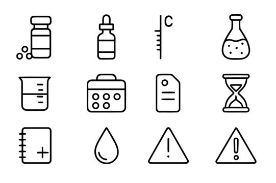 Homeopathy Icons Set. Homeopathy. Line icon set of homeopathy: small vial, pellets, dropper bottle, dilution scale, succussion bottle, glass beaker, remedy