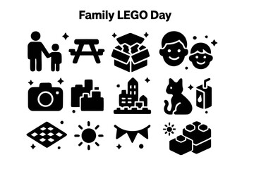 Naklejka premium Family LEGO Fun. Family LEGO Day. Solid icons set of Family LEGO Day: parent and child, picnic table, open box, smiling faces, camera, completed city, cat pet,