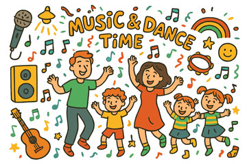 Joyful Music Celebration. Music and dance time. Colorful Hand-drawn doodle Children illustration Music and dance time microphone, speaker, notes, tambourine,