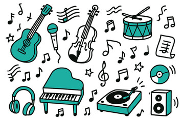 Fototapeta premium Vibrant Musical Icons. Music. Hand-drawn doodle illustration music instruments, colored guitar, accented violin, colored microphone, accented drum, colored