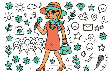 Fototapeta premium Colorful Fashion Model. Fashion design. A model wearing a bold and colorful outfit at an outdoor event. Hand-drawn doodle illustration A model wearing a bold