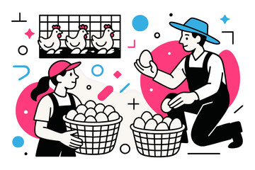 Geometric Poultry Harvest. Poultry Farm. Eggs being collected in baskets with floating abstract geometric shapes and soft glowing accents, organized and