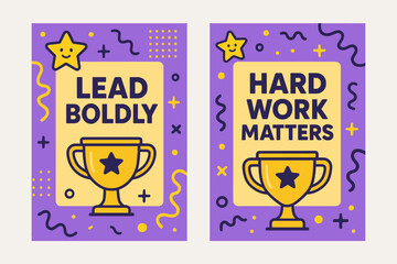 Lead Boldly Banner. Lead boldly. Two vertical A6 banners with safe margins, centered composition, no elements touching edges, memphis, purple and yellow,