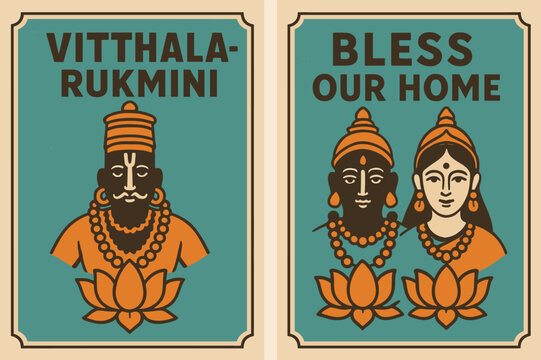 Vitthala & Rukmini Banners. Vitthala & Rukmini. Two vertical A6 banners with safe margins, centered composition, no elements touching edges, retro, turquoise