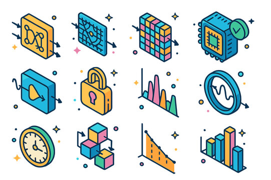 Signal Processing Icons. Signal processing and coding. Colorful isometric vector icons set of Signal processing and coding: convolutional coder, LDPC decoder,