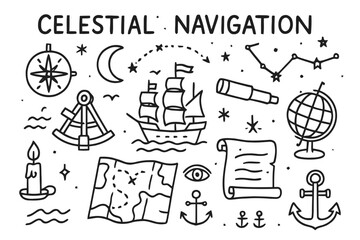 Fototapeta premium Celestial Navigation Doodle. Celestial navigation. Hand-drawn doodle illustration Celestial navigation compass, sextant, ship, star path, map, telescope, moon,