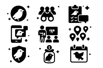 Birdwatching Icons Collection. Birdwatching community. Solid icons set of birdwatching community: bird club logo, group binoculars, online forum, checklist