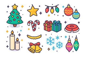 Naklejka premium Festive Icon Collection. Holiday season. Colorful isometric vector icons set of holiday season: Christmas tree, star topper, lights, baubles, candy canes,