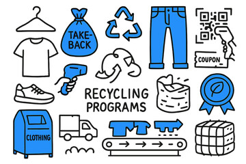 Fototapeta premium Fashion Recycling Doodles. // Recycling programs in the fashion industry. Hand-drawn doodle illustration recycling programs in the fashion industry [take-back