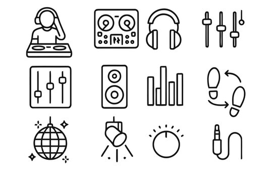 DJ & Dancefloor Icons. DJ and Dancefloor. Line icon set of DJ and Dancefloor: DJ booth, turntables, headphones, mixer sliders, speaker, equalizer bars, disco