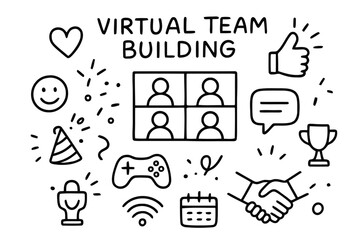 Virtual Team Bonding. Virtual team building. Hand-drawn doodle illustration virtual team building people icons, heart, smile face, video grid, game controller,