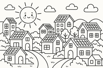 Obraz premium Solar-Powered Town Scene. City of solar roofs children?s coloring book illustration, outlined drawing, a small town scene with many houses each having panels