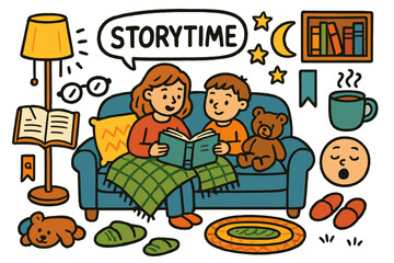 Fototapeta premium Cozy Storytime Scene. Storytime on the sofa. Colorful Hand-drawn doodle Children illustration Storytime on the sofa open book, blanket, pillows, lamp, glasses,