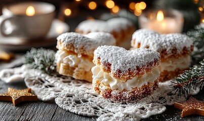Cream-filled sandwich cookies in heart shapes served with Christmas decor, candles, and golden star ornament