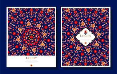 Luxury floral vector background with intricate mandala pattern and elegant frame. Decorative ornamental cultural design for wedding, greeting, festive invitation template, Eid, Ramadan, celebrations.