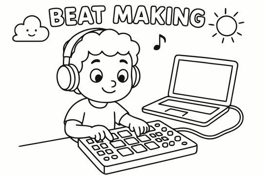 Beat Maker Coloring. Beat making children?s coloring book illustration, outlined drawing, a producer tapping colorful pads on a drum machine connected to a