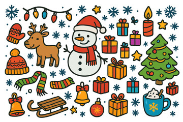 Fototapeta premium Festive Winter Doodles. festive winter. Colorful Hand-drawn doodle Children illustration festive winter snowman, Christmas tree, gifts, candle, snowflakes,