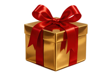 Obraz premium Golden gift box with red ribbon and bow on transparent background, symbolizing celebration and surprise