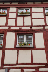 Close-up of A Half-timbered House With Flowers In Nuremberg, Germany. 